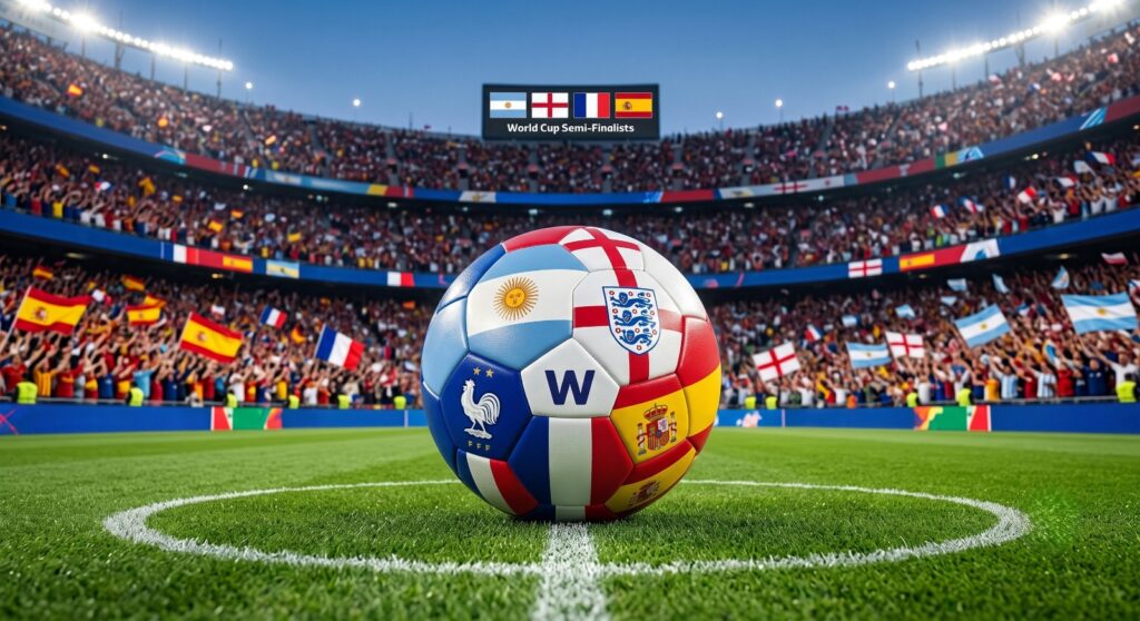 Balón de fútbol con las banderas de los cuatro semifinalistas del Mundial 2026 en un estadio.