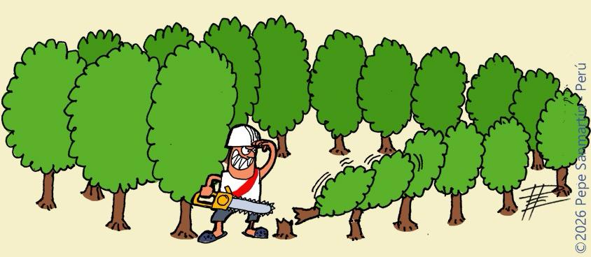 Ilustración de un leñador talando árboles en un bosque, como representación de la deforestación y la pérdida de áreas verdes.