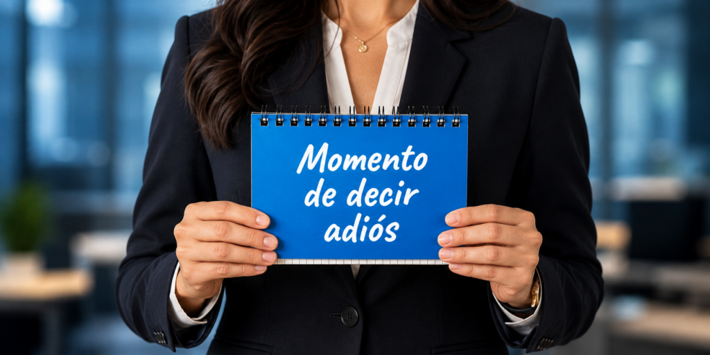 Mujer sostiene un cartel con el mensaje “Momento de decir adiós” en un entorno corporativo.
