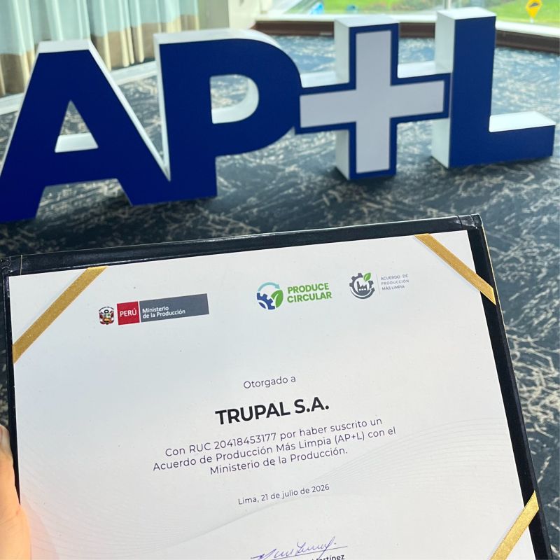 Certificado del Acuerdo de Producción Más Limpia otorgado a Trupal por el Ministerio de la Producción.