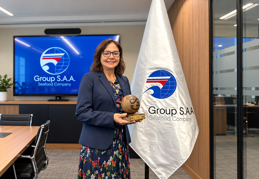 Adriana Giudice, ejecutiva de Austral Group, sostiene un reconocimiento de Empresa con Gestión Sostenible.