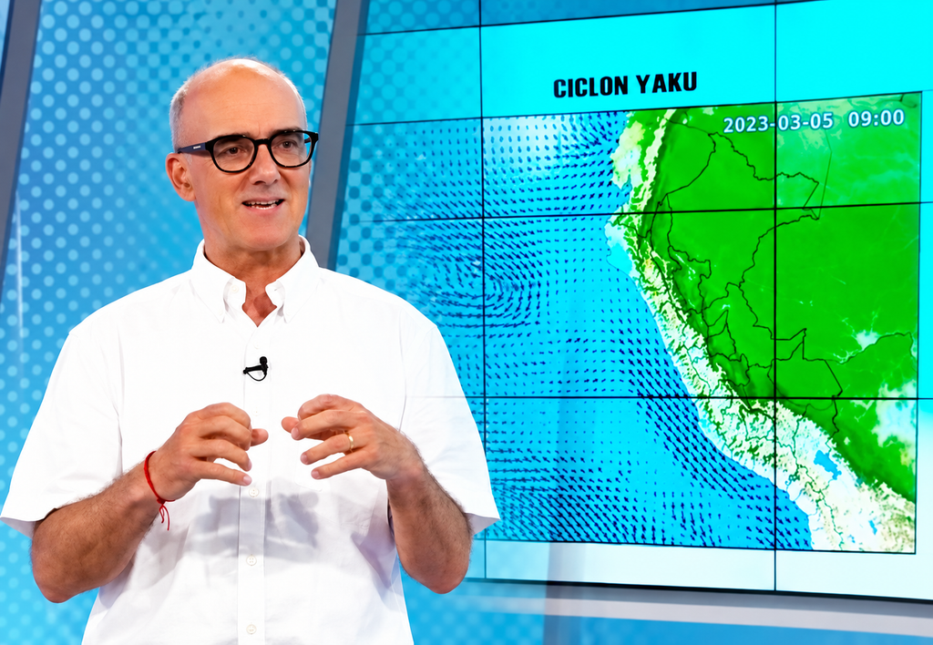 Especialista en clima explica el ciclón Yaku y su impacto meteorológico en el Perú durante una presentación televisiva.