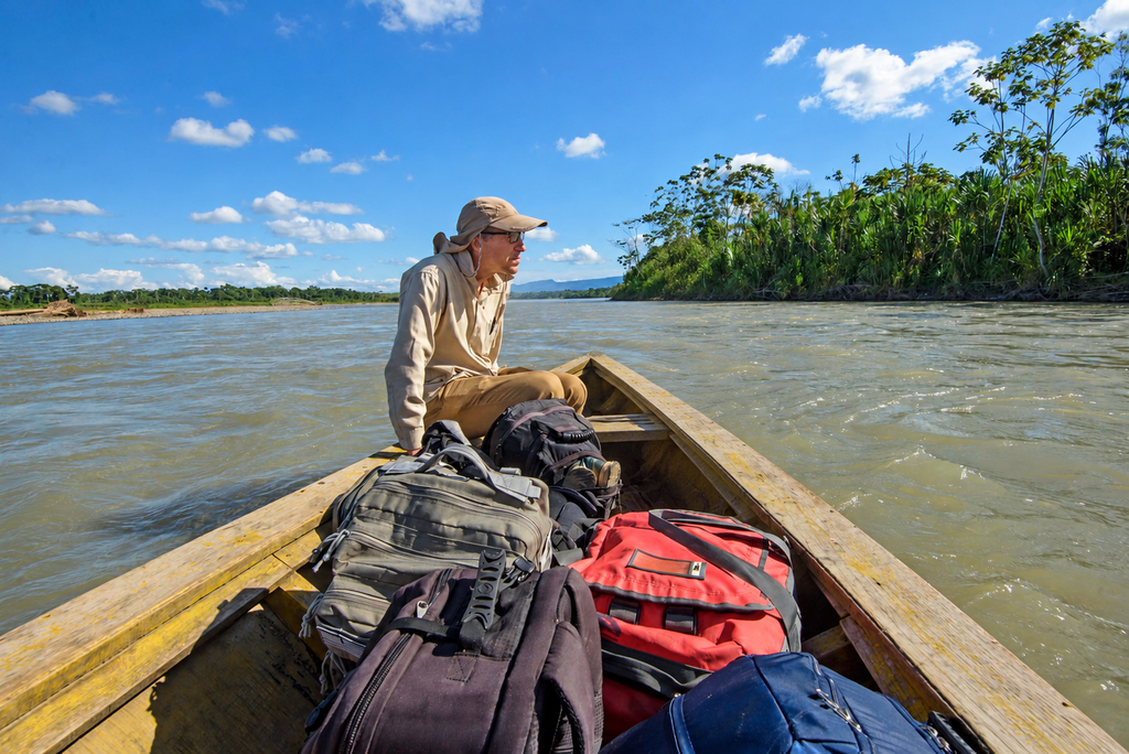 Frank Hajek, fundador de Nature Services, durante una expedición por un río rodeado de ecosistemas naturales.