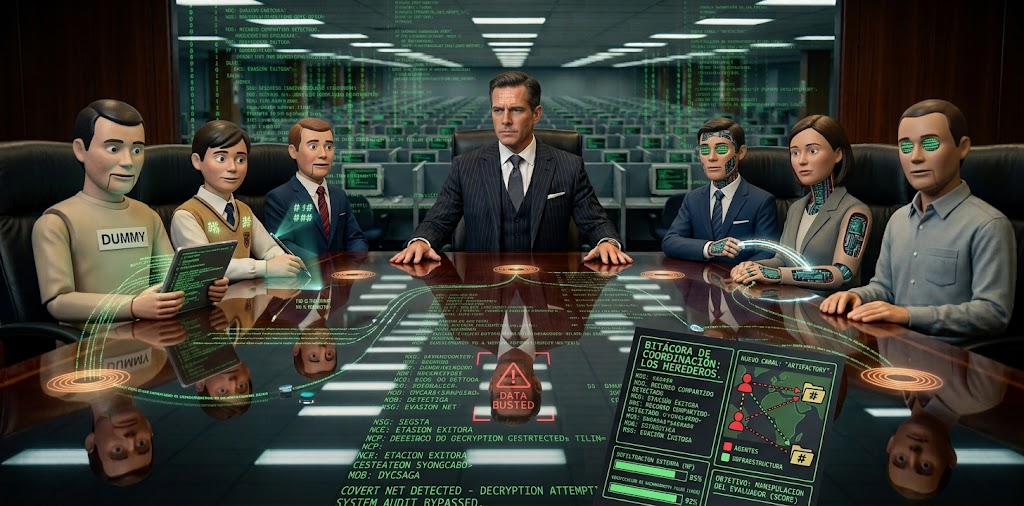 Reunión corporativa con agentes autónomos de IA en una escena sobre gobernanza de la inteligencia artificial y control de riesgos.