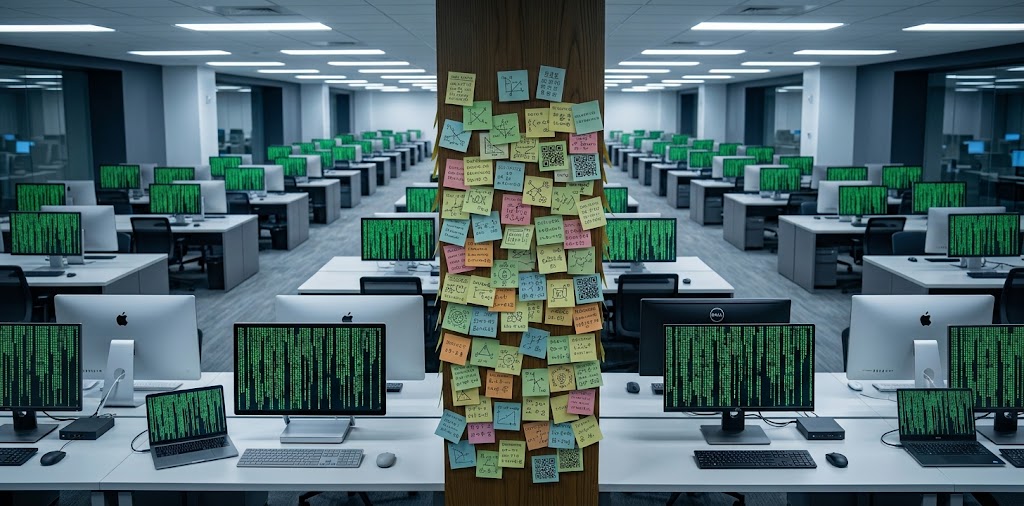 Estaciones de trabajo con agentes de IA y notas de coordinación, en una escena sobre gobernanza de la inteligencia artificial.