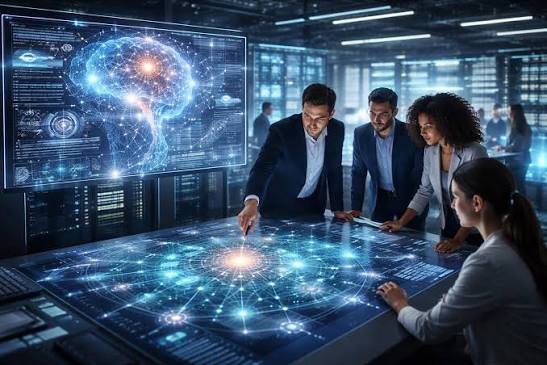 Equipo empresarial utiliza inteligencia artificial para gestionar intangibles y apoyar la toma de decisiones estratégicas.
