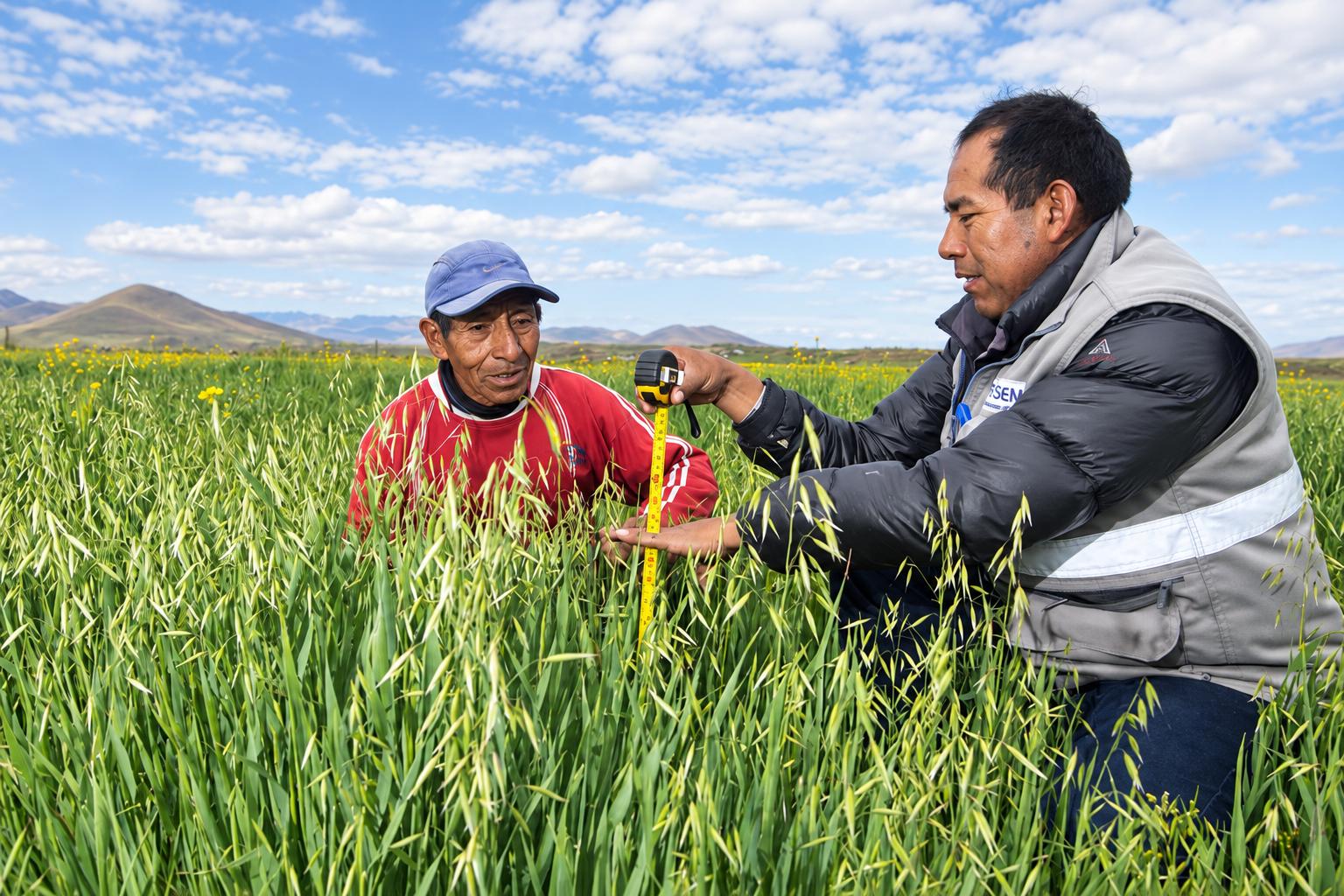 Productor y especialista realizan la medición de cultivos en Espinar como parte del desarrollo agropecuario impulsado por Antapaccay.