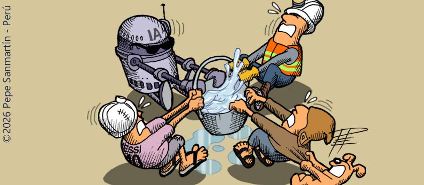 Caricatura de Pepe Sanmartín que muestra a varios trabajadores enfrentándose a un robot de inteligencia artificial alrededor de un balde de agua.