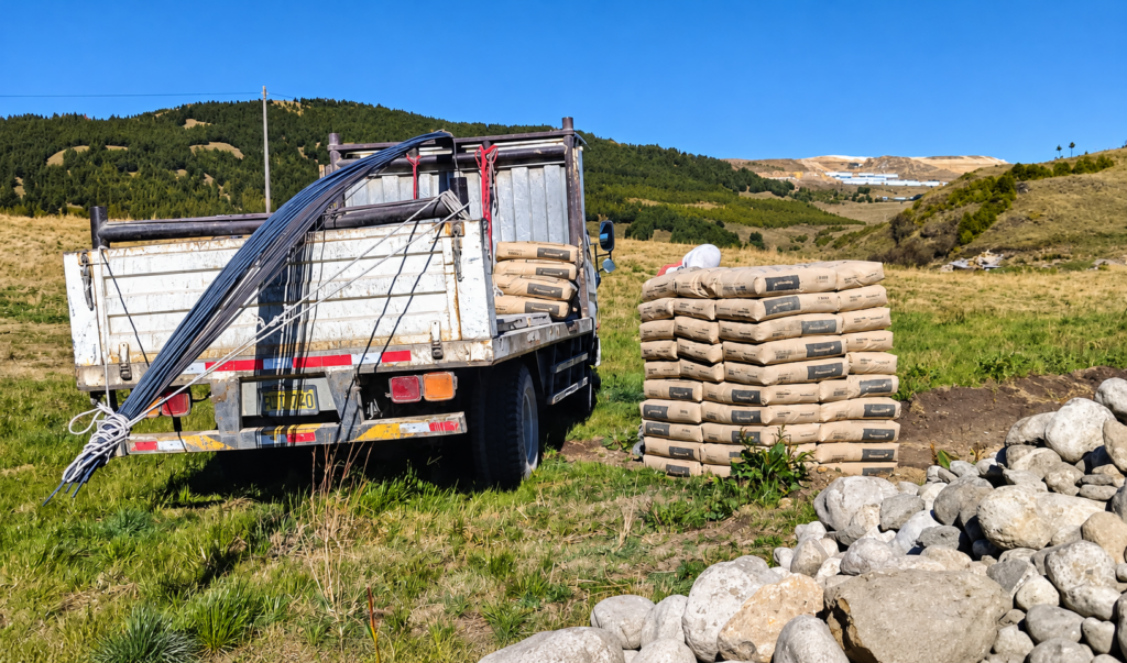 Materiales de construcción y camión destinados a la implementación de cobertizos para ganado en El Tingo, Hualgayoc.