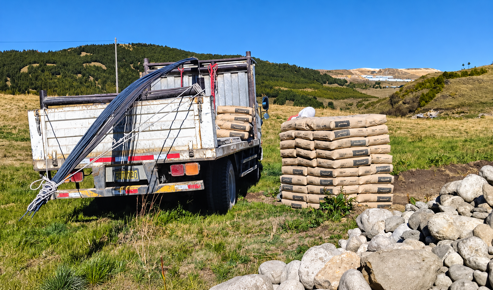 Materiales de construcción y camión destinados a la implementación de cobertizos para ganado en El Tingo, Hualgayoc.