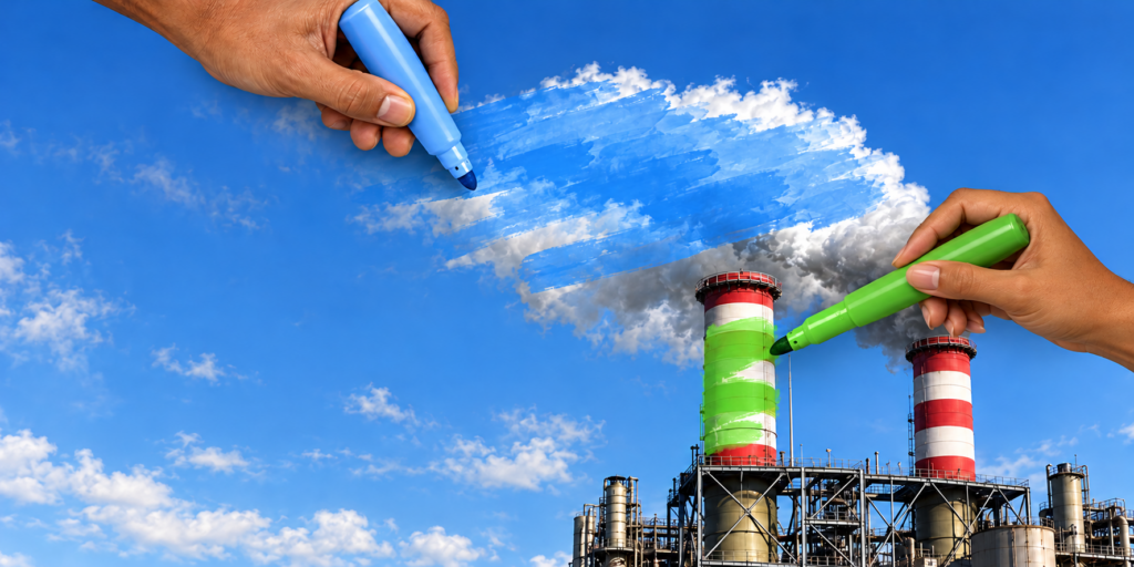Ilustración sobre greenwashing y materialidad ESG con chimeneas industriales intervenidas con marcadores de color.