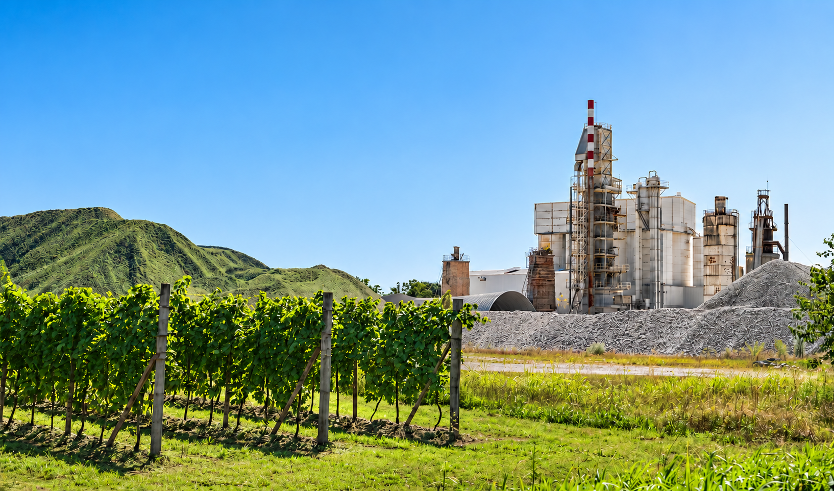 Planta cementera integrada a un entorno verde, vinculada a sostenibilidad, producción industrial y reducción del impacto ambiental.