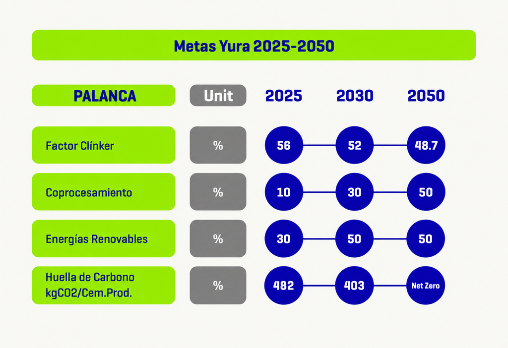 Metas de Yura al 2050 sobre factor clinker, coprocesamiento, energías renovables y huella de carbono.