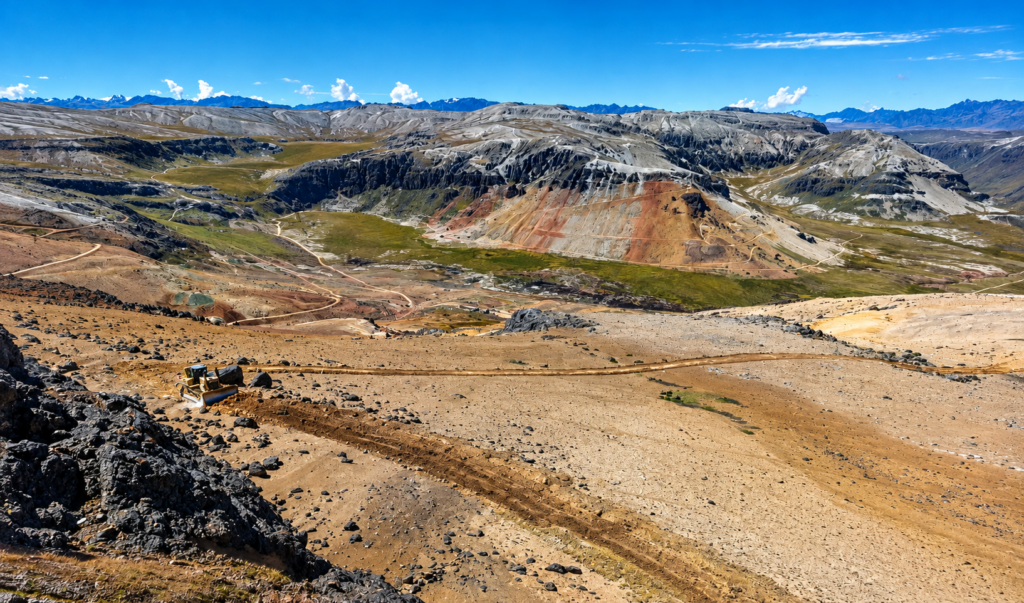 Vista panorámica del proyecto Corani en Puno, con vías internas, maquinaria y paisaje altoandino.