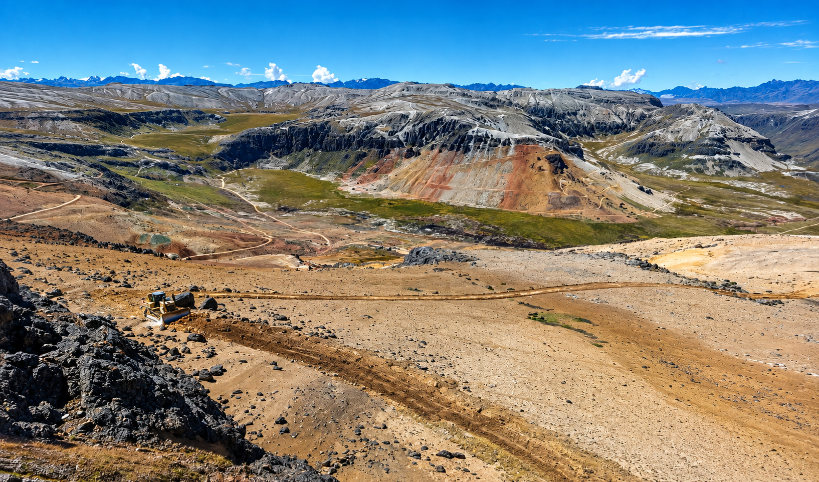 Vista panorámica del proyecto Corani en Puno, con vías internas, maquinaria y paisaje altoandino.